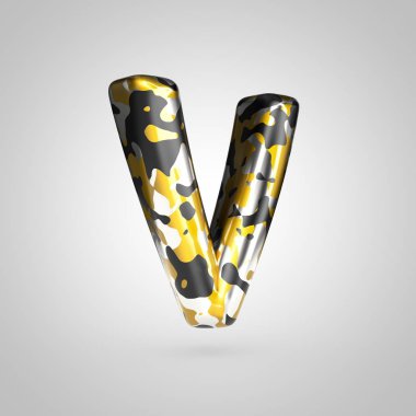 Altın, gümüş ve siyah kamuflaj desenli beyaz arka plan üzerinde izole harf V büyük kamuflaj.