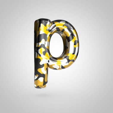 Kamuflaj P harfi küçük altın, gümüş ve siyah kamuflaj desenli beyaz arka plan üzerinde izole.