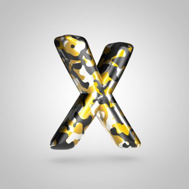 Altın, gümüş ve siyah kamuflaj desenli beyaz arka plan üzerinde izole kamuflaj harf büyük harf X.