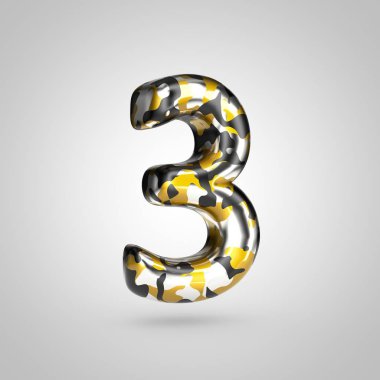 Beyaz arka plan üzerinde izole sayısı 3 altın, gümüş ve siyah kamuflaj deseni ile kamuflaj.
