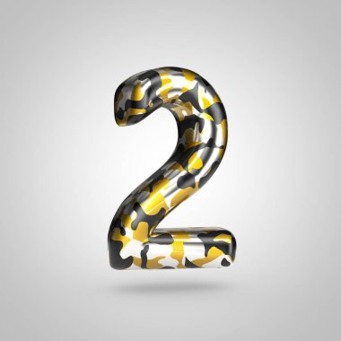 Beyaz arka plan üzerinde izole sayı 2 altın, gümüş ve siyah kamuflaj deseni ile kamuflaj.