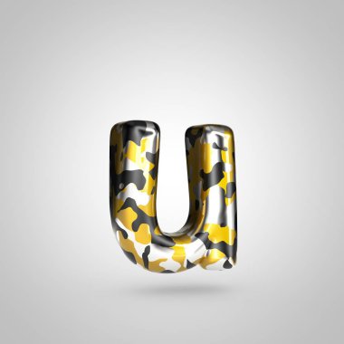Altın, gümüş ve siyah kamuflaj desenli beyaz arka plan üzerinde izole U harfi küçük kamuflaj.