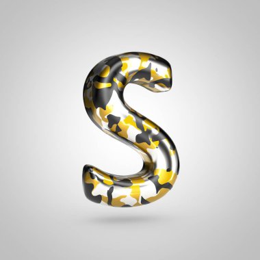 Altın, gümüş ve siyah kamuflaj desenli beyaz arka plan üzerinde izole büyük S harfi kamuflaj.