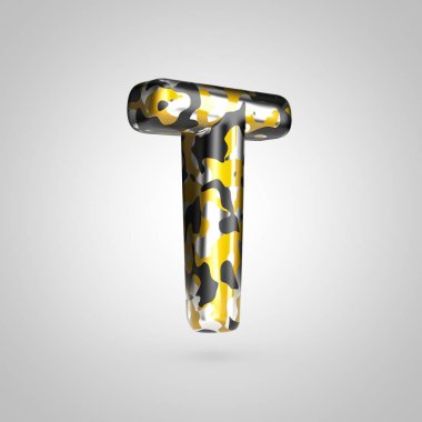 Altın, gümüş ve siyah kamuflaj desenli beyaz arka plan üzerinde izole büyük T harfi kamuflaj.