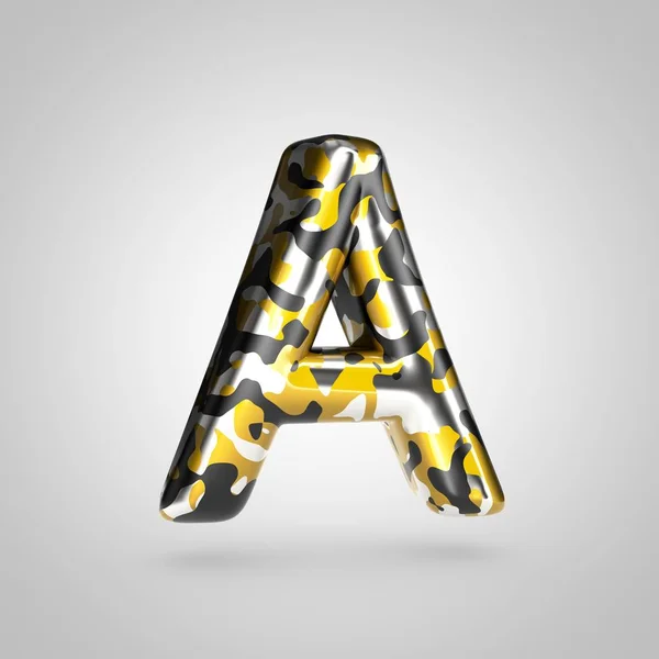 Camouflage letter A uppercase with golden, silver and black camouflage pattern isolated on white background. — Stock Photo, Image