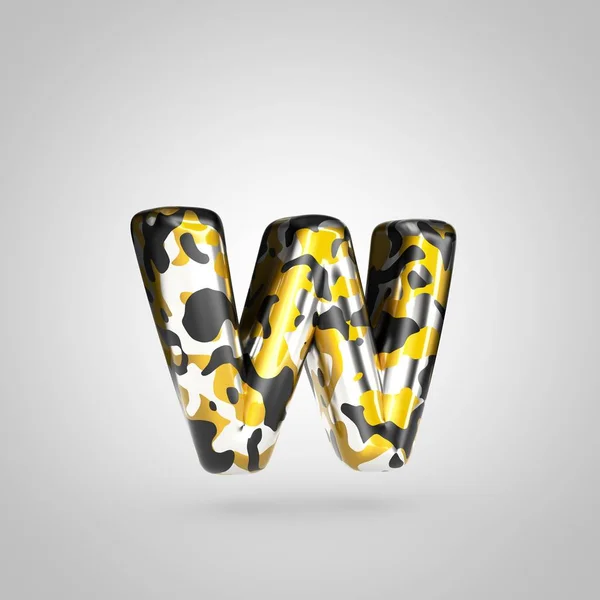 Camouflage letter W lowercase with golden, silver and black camouflage pattern isolated on white background. — Stock Photo, Image