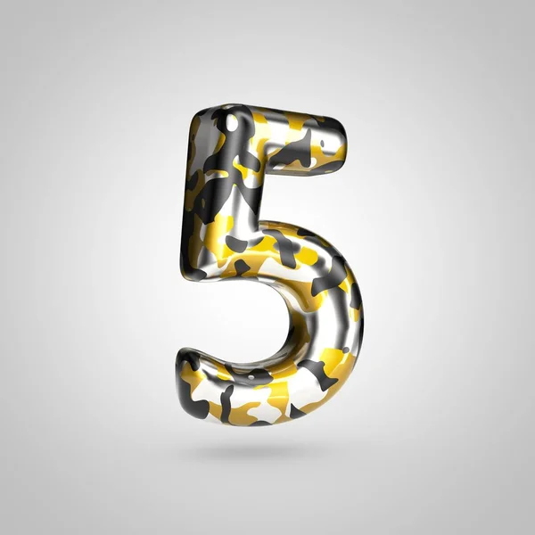 Camouflage van nummer 5 met gouden, zilveren en zwarte camouflage patroon geïsoleerd op witte achtergrond. — Stockfoto