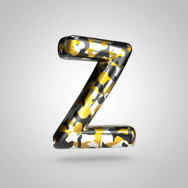 Kamouflage bokstaven Z versaler med guld, silver och svart kamouflagemönster isolerad på vit bakgrund. — Stockfoto