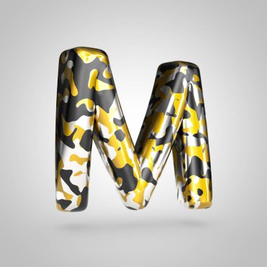 Altın, gümüş ve siyah kamuflaj desenli beyaz arka plan üzerinde izole harf M büyük kamuflaj.