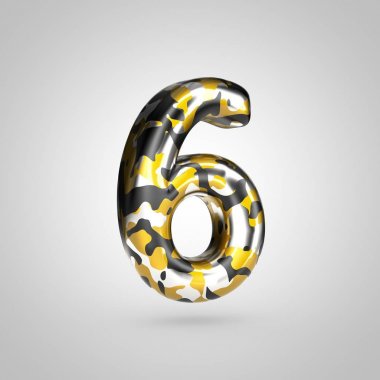 Beyaz arka plan üzerinde izole numarası 6 Altın, gümüş ve siyah kamuflaj deseni ile kamuflaj.