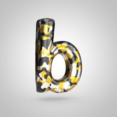 B harfi küçük altın, gümüş ve siyah kamuflaj desenli beyaz arka plan üzerinde izole kamuflaj.