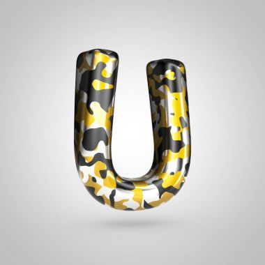 Altın, gümüş ve siyah kamuflaj desenli beyaz arka plan üzerinde izole büyük U harfi kamuflaj.