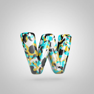 Kamuflaj harf W küçük ile 3d render yazı tipi beyaz arka plan üzerinde izole mavi, siyah ve sarı renklerde.