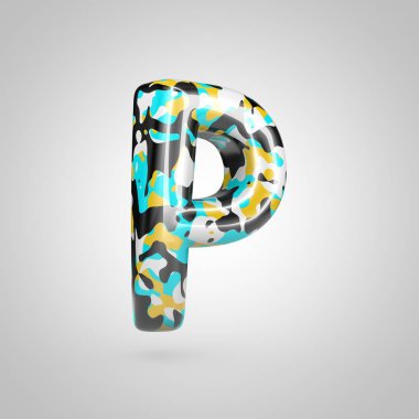 Mavi, siyah ve sarı renkler ile büyük P harfi kamuflaj.