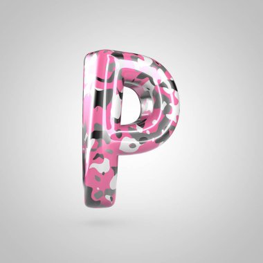 Pembe mektup P büyük beyaz arka plan üzerinde izole kamuflaj.