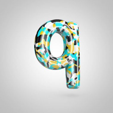 Mavi, siyah ve sarı kamuflaj beyaz arka plan üzerinde izole harf q harfi.