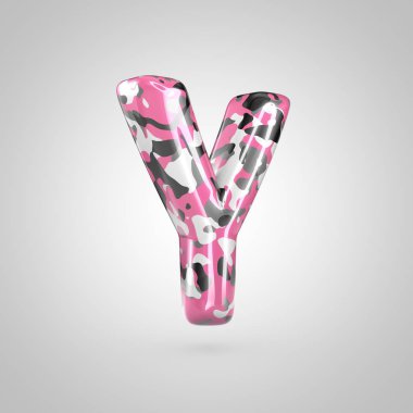 Beyaz arka plan üzerinde izole pembe, gri, siyah ve beyaz kamuflaj desenli büyük Y harfi kamuflaj.