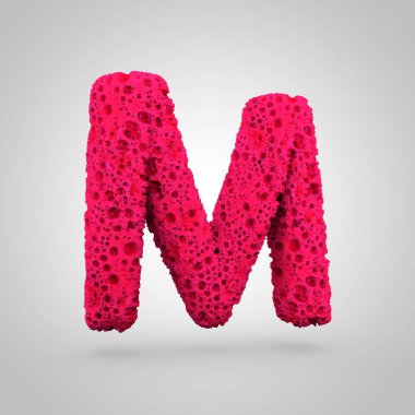 Sünger harf büyük harf M. Beyaz arka plan üzerinde izole pembe sünger yazı tipinin 3D render.