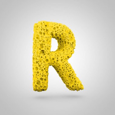 Sünger harf R büyük. Beyaz arka plan üzerinde izole sarı sünger yazı tipinin 3D render.