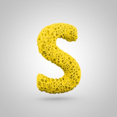 Sünger harf büyük harf S. Beyaz arka plan üzerinde izole sarı sünger yazı tipinin 3D render.