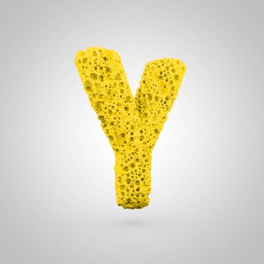 Sünger harf büyük harf Y. Beyaz arka plan üzerinde izole sarı sünger yazı tipinin 3D render.