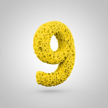 9 numara sünger. Beyaz arka plan üzerinde izole sarı sünger yazı tipinin 3D render.