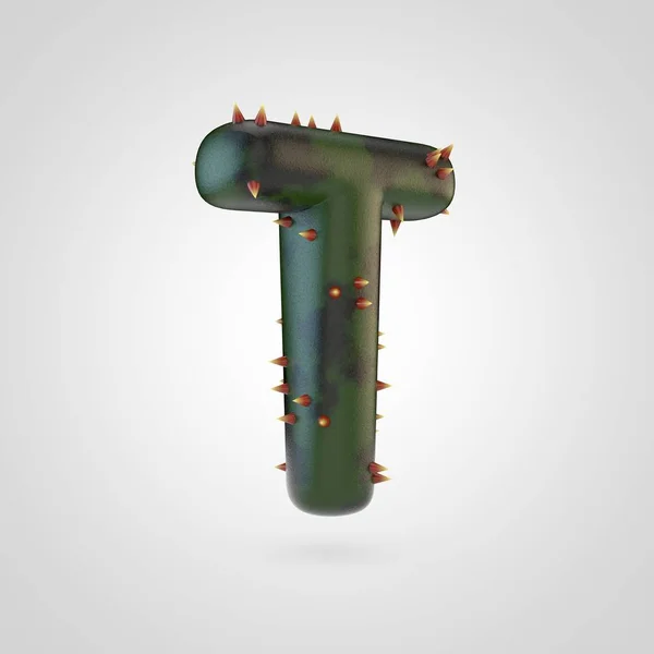 Plant letter T uppercase. 3D rendering of green plant font with spikes isolated on white background.