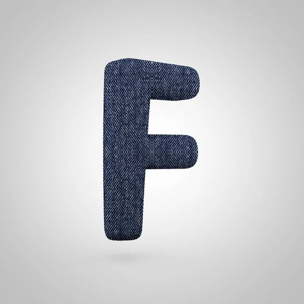 Jeans letra F mayúscula con textura de mezclilla azul aislada sobre fondo blanco . —  Fotos de Stock