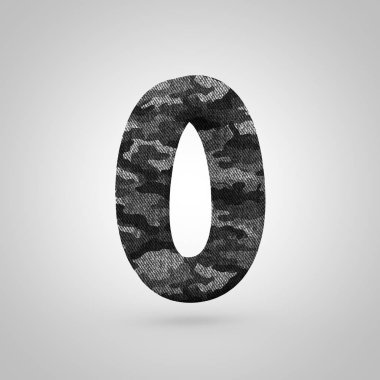 Sayı 0 kamuflaj. Beyaz arka plan üzerinde izole kamuflaj doku ile 3D render yazı tipi.