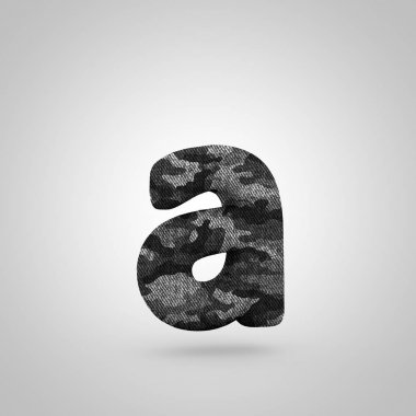 Kamuflaj mektup bir küçük. Beyaz arka plan üzerinde izole kamuflaj doku ile 3D render yazı tipi.