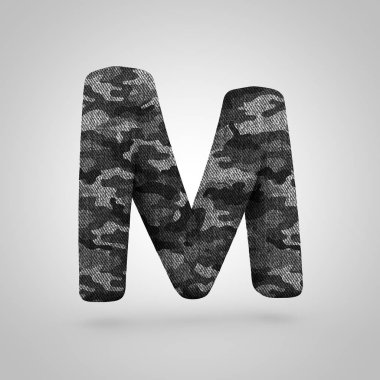 Kamuflaj harf büyük harf M. Beyaz arka plan üzerinde izole kamuflaj doku ile 3D render yazı tipi.