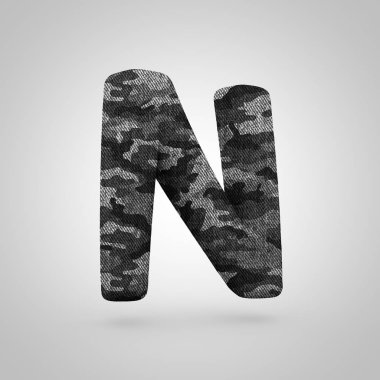 Kamuflaj büyük N harfi. Beyaz arka plan üzerinde izole kamuflaj doku ile 3D render yazı tipi.