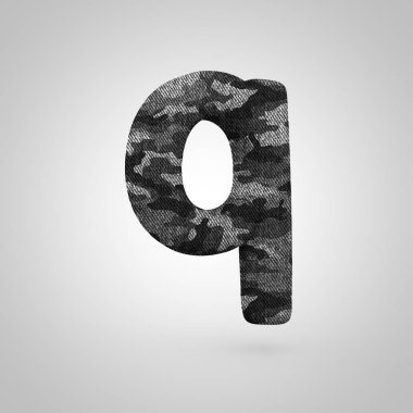 Kamuflaj harf Q küçük harf. Beyaz arka plan üzerinde izole kamuflaj doku ile 3D render yazı tipi.