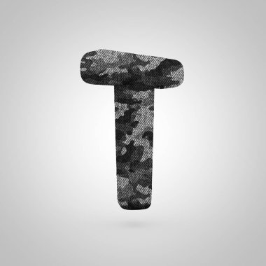 Kamuflaj mektup T büyük harf. Beyaz arka plan üzerinde izole kamuflaj doku ile 3D render yazı tipi.