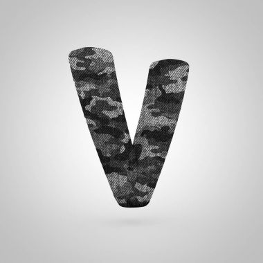 Kamuflaj harf büyük harf V. Beyaz arka plan üzerinde izole kamuflaj doku ile 3D render yazı tipi.
