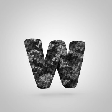 Harf W küçük kamuflaj. Beyaz arka plan üzerinde izole kamuflaj doku ile 3D render yazı tipi.
