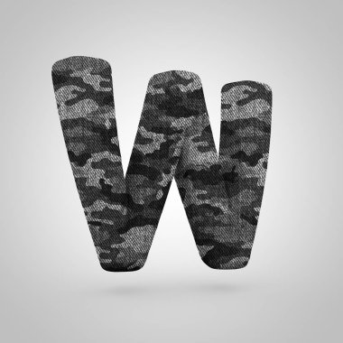 Kamuflaj harf büyük harf W. Beyaz arka plan üzerinde izole kamuflaj doku ile 3D render yazı tipi.