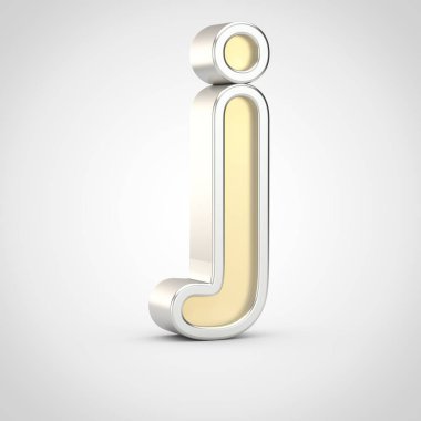 Parlak J harfi küçük. Beyaz arka plan üzerinde izole gümüş anahat ile 3D render altın yazı tipi.