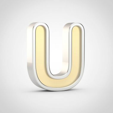 Parlak harf U büyük harf. Beyaz arka plan üzerinde izole gümüş anahat ile 3D render altın yazı tipi.