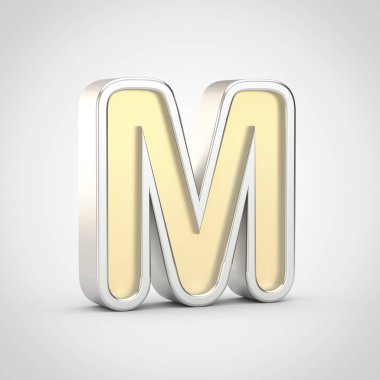 Parlak harf büyük harf M. Beyaz arka plan üzerinde izole gümüş anahat ile 3D render altın yazı tipi.