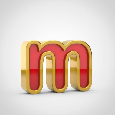 Parlak harf M küçük. 3D render kırmızı yazı tipiyle altın Anahat Beyaz arka plan üzerinde izole.