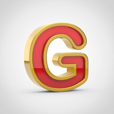 Parlak harf G büyük harf. 3D render kırmızı yazı tipiyle altın Anahat Beyaz arka plan üzerinde izole.