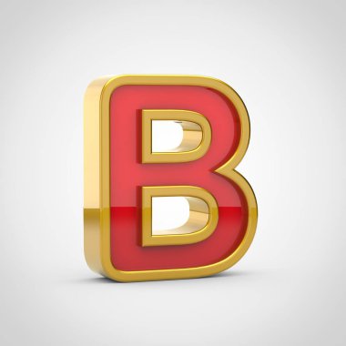 Parlak mektup B büyük harf. 3D render kırmızı yazı tipiyle altın Anahat Beyaz arka plan üzerinde izole.