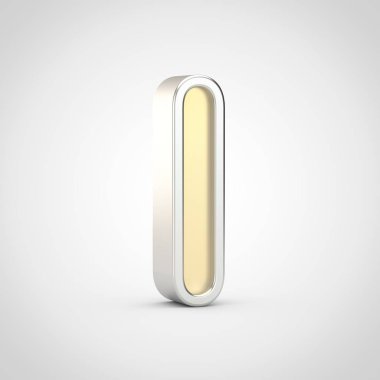 Parlak L harfi küçük. Beyaz arka plan üzerinde izole gümüş anahat ile 3D render altın yazı tipi.