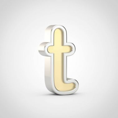 Parlak mektup T küçük. Beyaz arka plan üzerinde izole gümüş anahat ile 3D render altın yazı tipi.