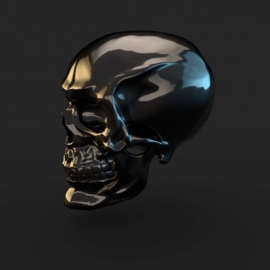 siyah arka plan üzerine ışık yansımaları ile 3D render siyah parlak kafatası