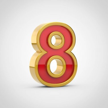 Parlak sayı 8. 3D render kırmızı yazı tipiyle altın Anahat Beyaz arka plan üzerinde izole.