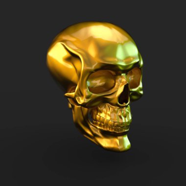 siyah arka plan üzerine ışık yansımaları ile 3D render altın parlak kafatası
