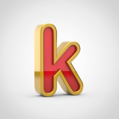 Parlak harf K küçük. 3D render kırmızı yazı tipiyle altın Anahat Beyaz arka plan üzerinde izole.