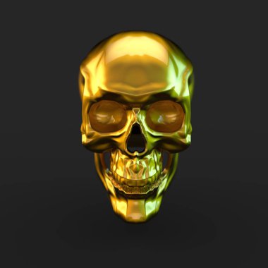 siyah arka plan üzerine ışık yansımaları ile 3D render altın parlak kafatası